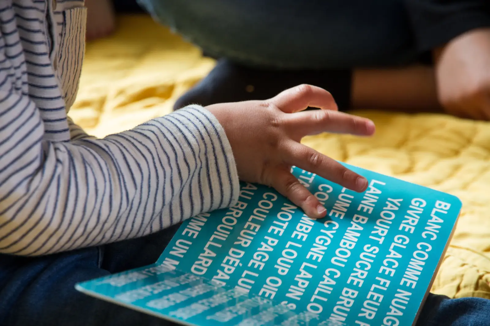 Découverte d'un livre tactile sur les couleurs à la crèche de Peaugres