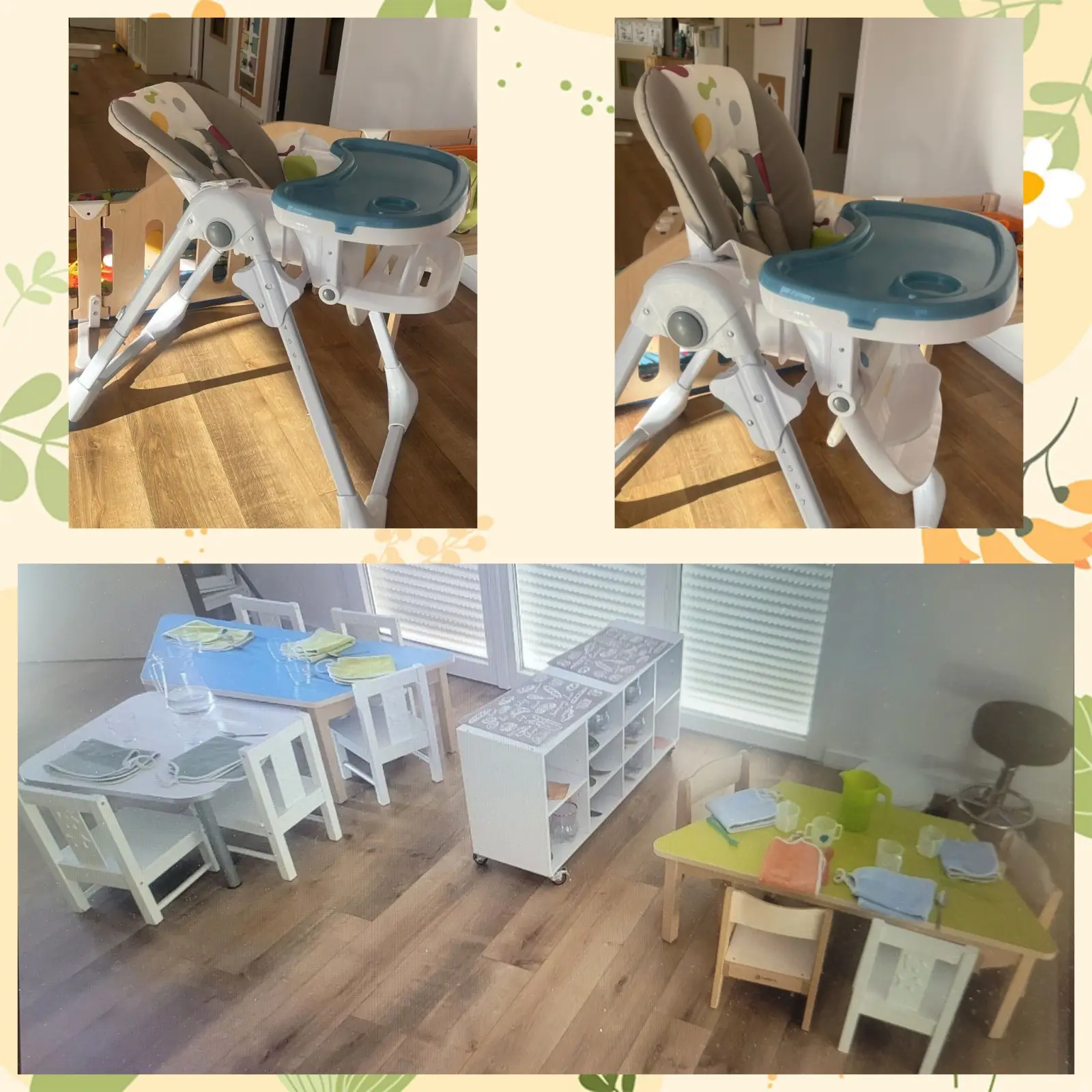 Espace repas et chaises hautes à la micro-crèche Petit Arbre de Geneston