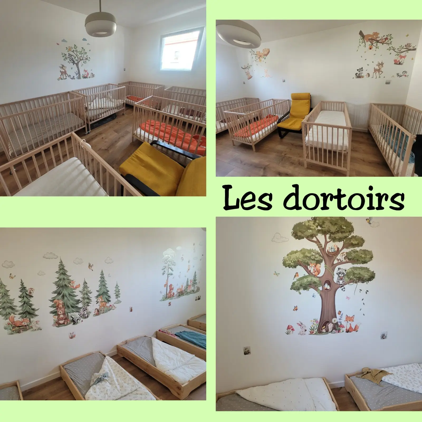 Dortoir sur le thème de la forêt à la micro-crèche Petit Arbre de Geneston
