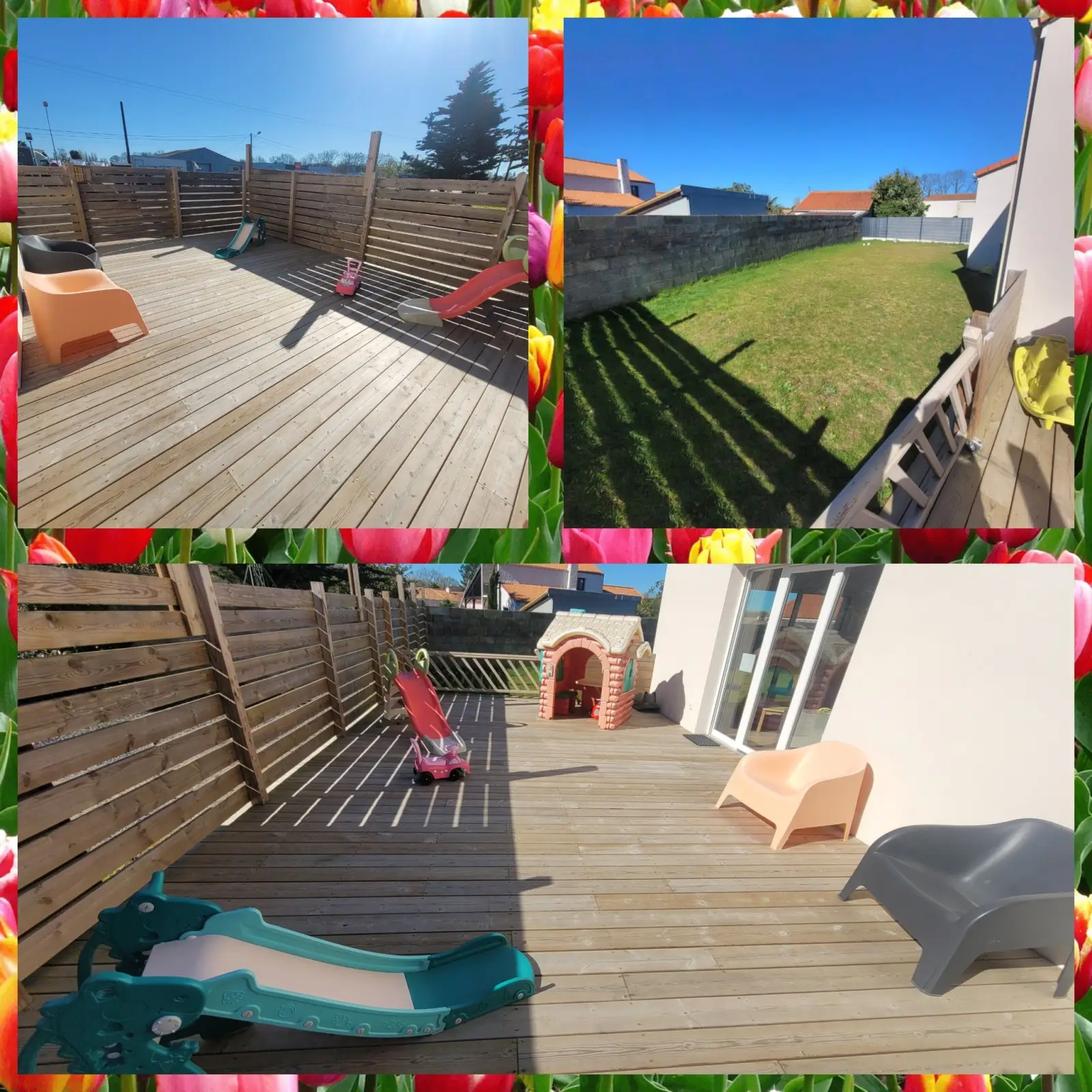 Terrasse extérieure et jardin de la micro-crèche Petit Arbre à Geneston