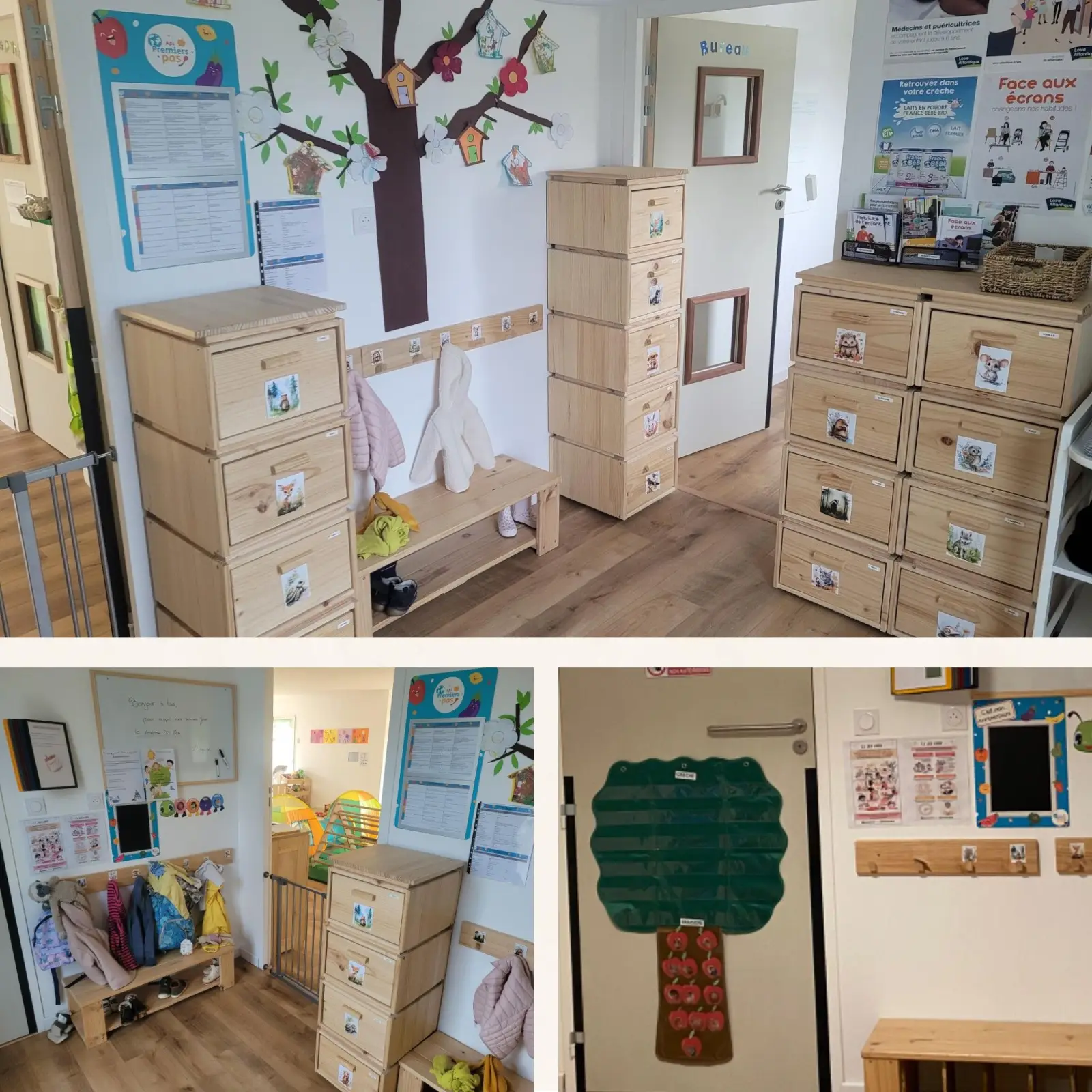 Hall d'entrée et casiers personnalisés à la micro-crèche Petit Arbre de Geneston