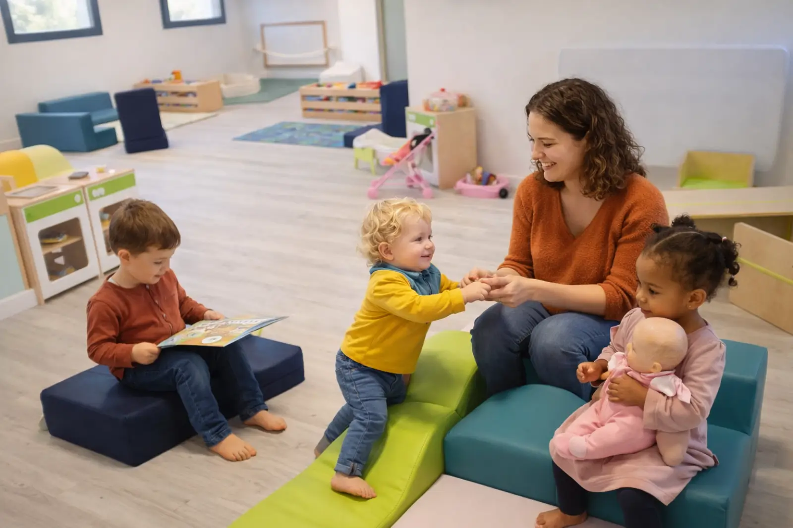 Enfants et professionnelle partageant un moment de jeu à la crèche