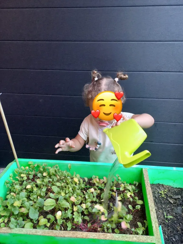Enfant arrosant le potager pédagogique de la micro-crèche